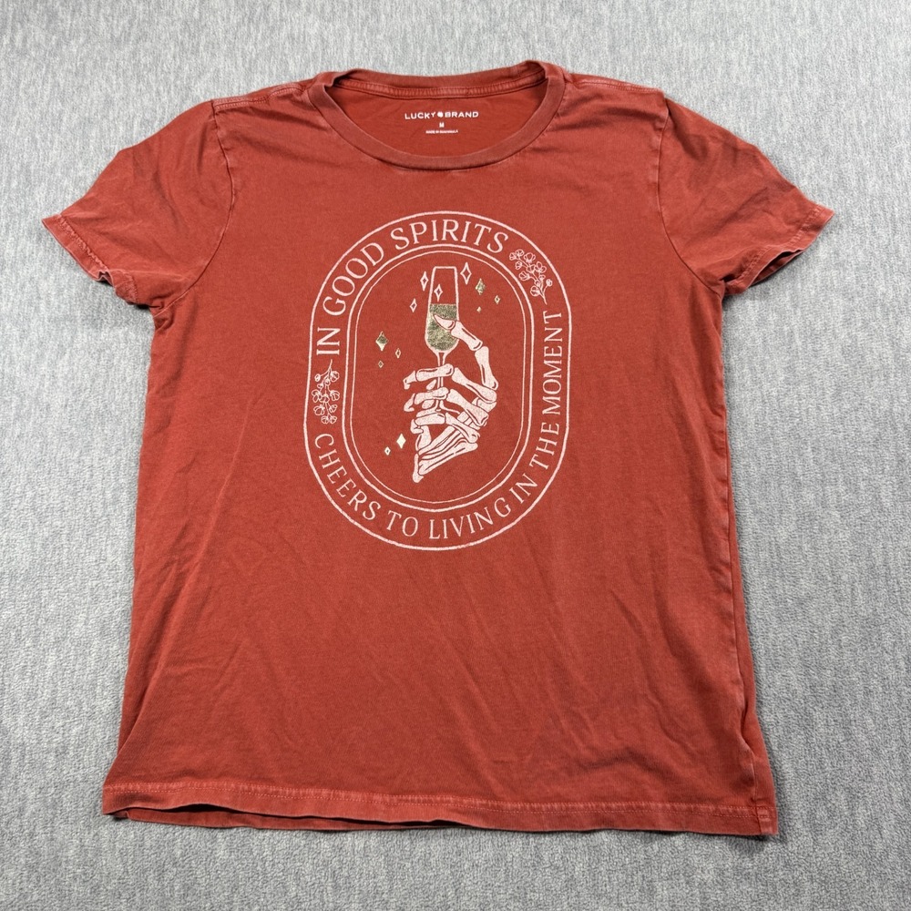 Lucky Brand T-Shirt Womens M Orange In Good Spirits Skeleton Hand Graphic Tee
